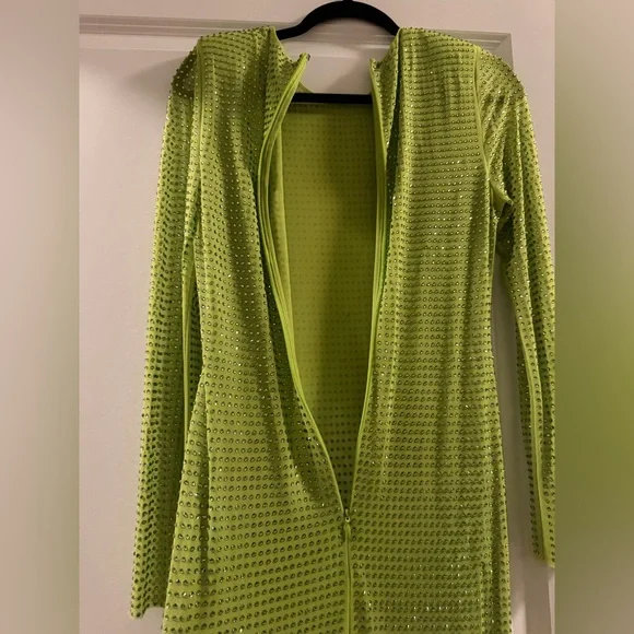 self portrait green rhinestone mesh midi dress Olive Rhinestone Mesh Midi Dress – self-portrait main image 0